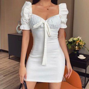 Yesstyle Femme Cradle Puff-Sleeve Tie-Front Mini Sheath Dress